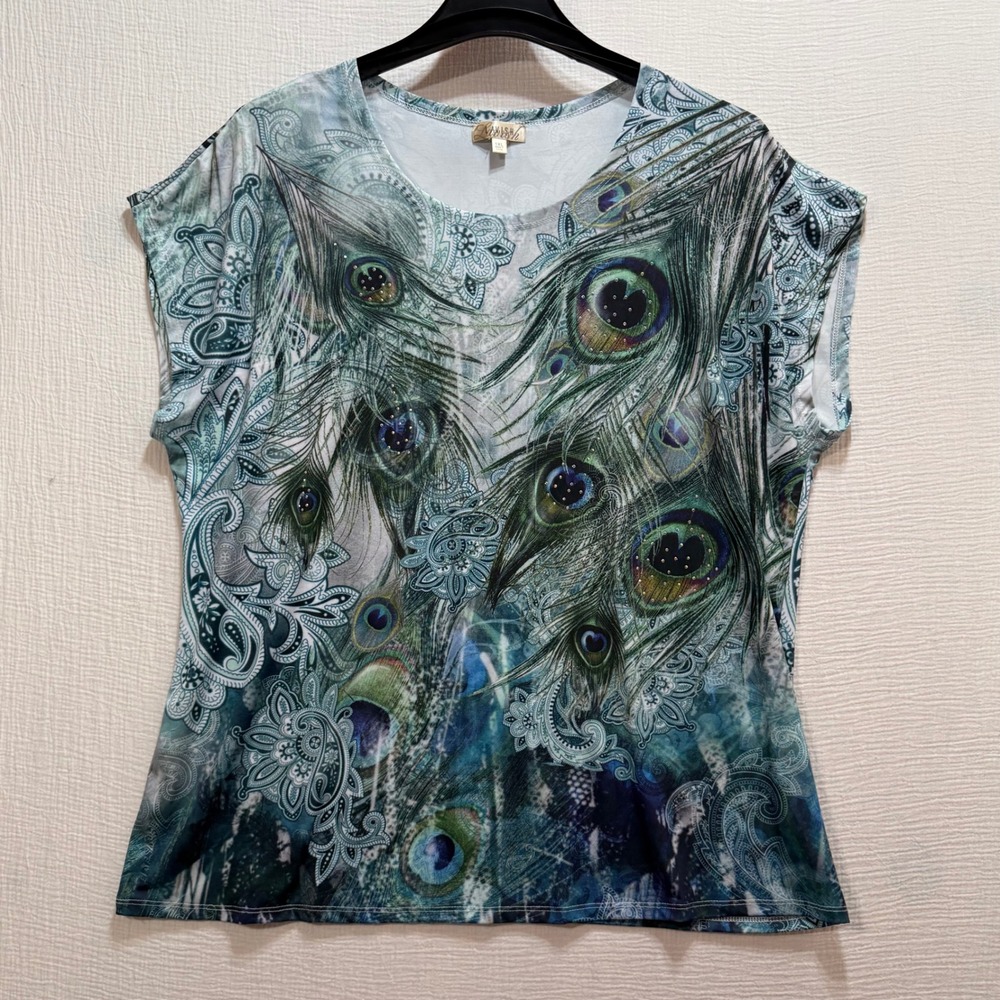 Lavish Plus Peacock Print Top Womens 1XL Blue Green Rhinestone Cap Sleeve Casual